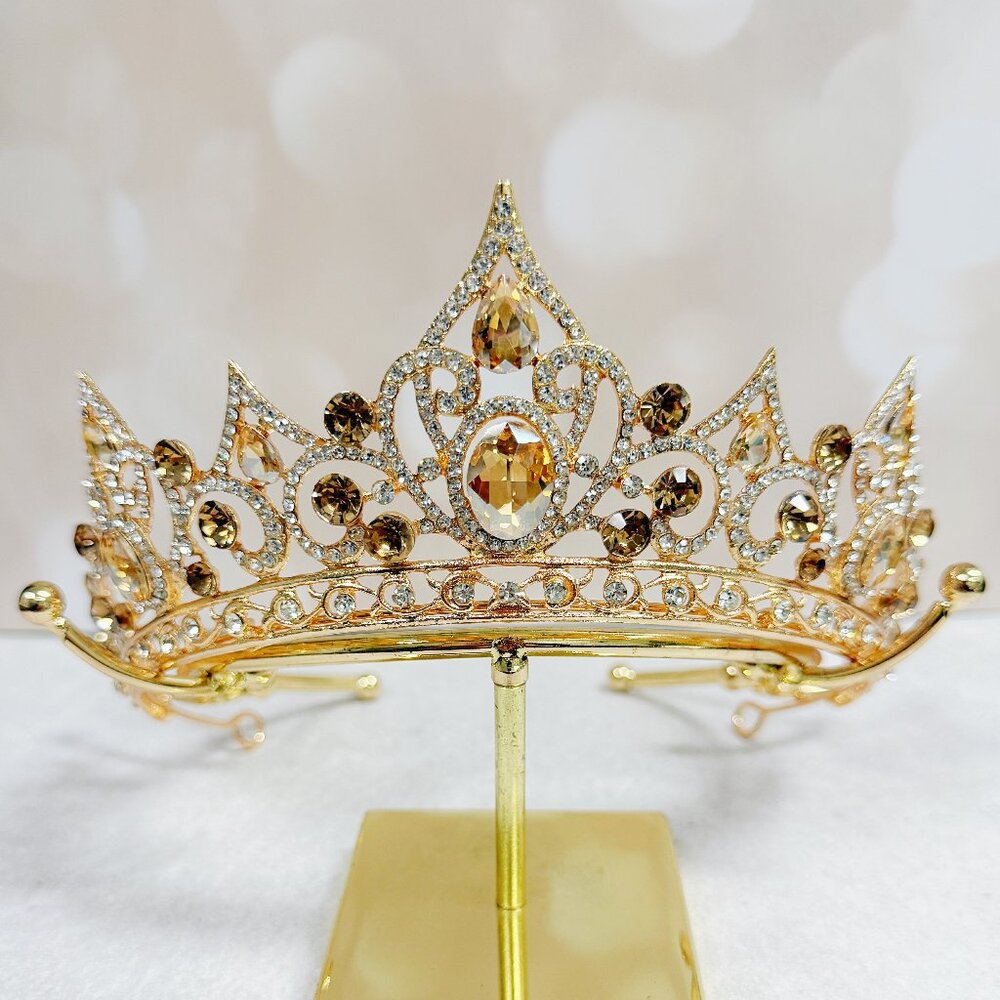 Gold crystal tiara, Champagne crystal crown, princess tiara, vintage crown